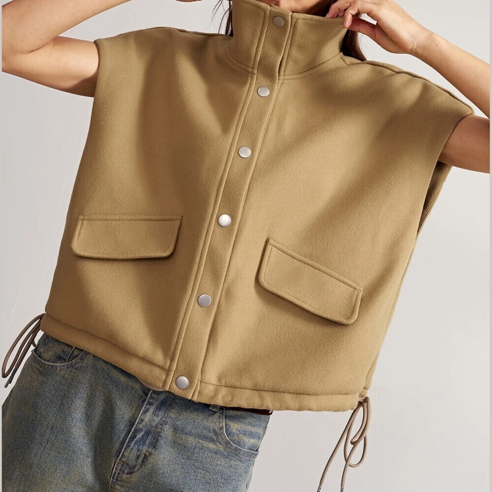 Camel Tan Snap Front Drawstring Hem Oversized Vest